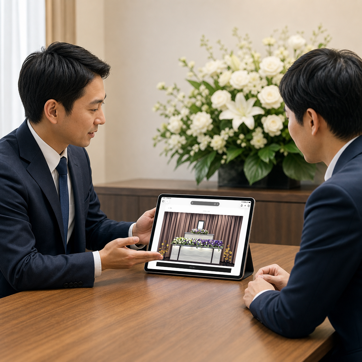 葬儀社への営業でタブレットを見せる様子