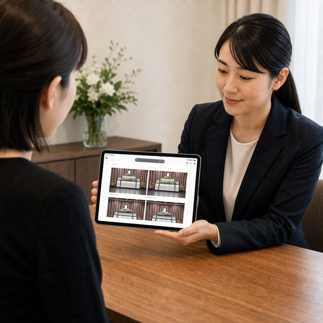 打ち合わせ時に横向きタブレットで祭壇画像を見せる様子